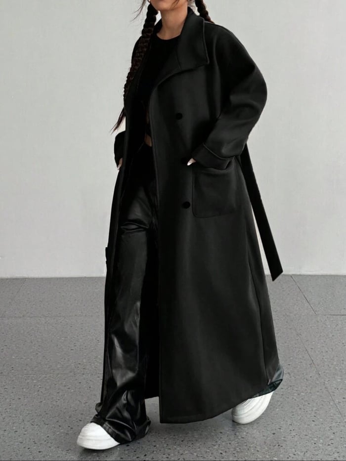 Woven Long Coat - Black image